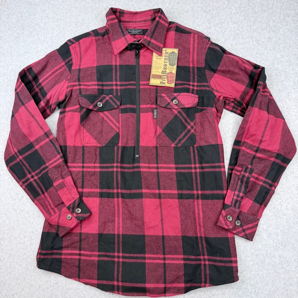 Five Brother Womens M Red Black Buffalo Plaid 1/2 Zip Flannel Shirt Workwear